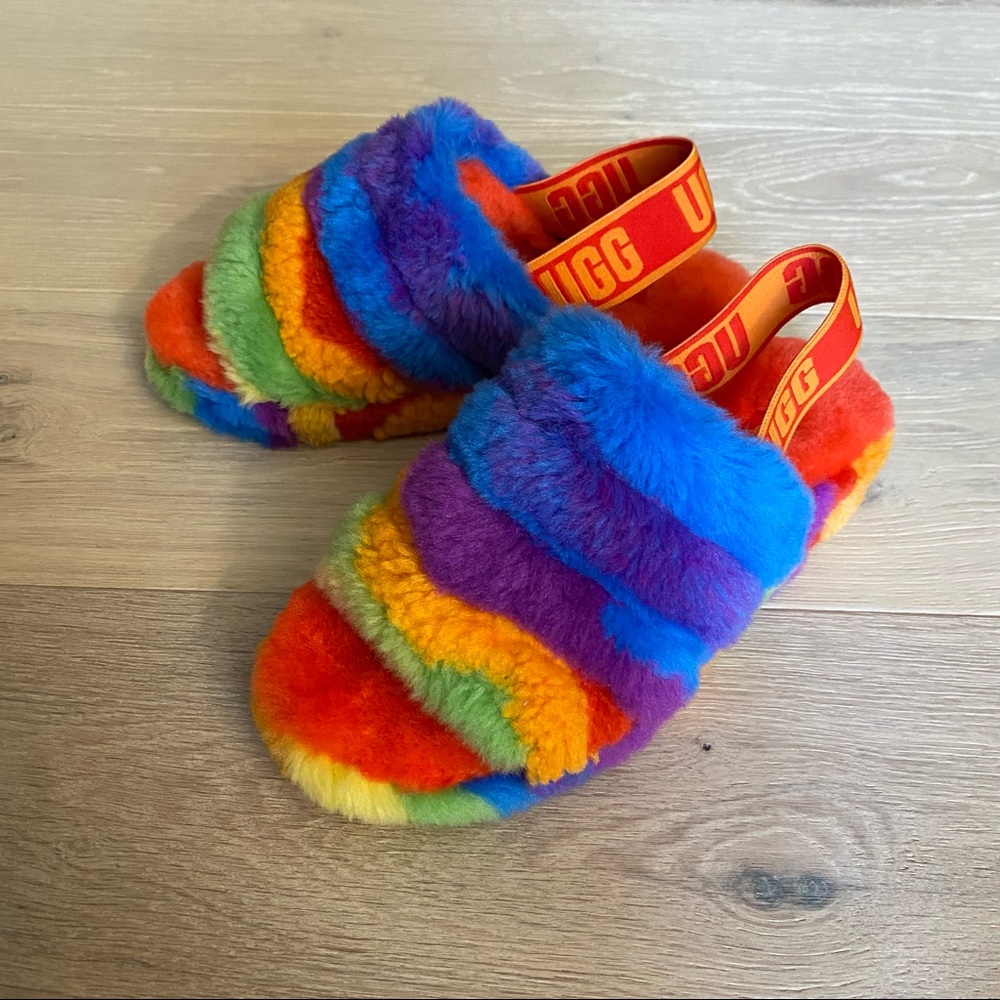 UGG Pride Fluff Yeah Faux Fur Slingback Sandal Slippers Rainbow